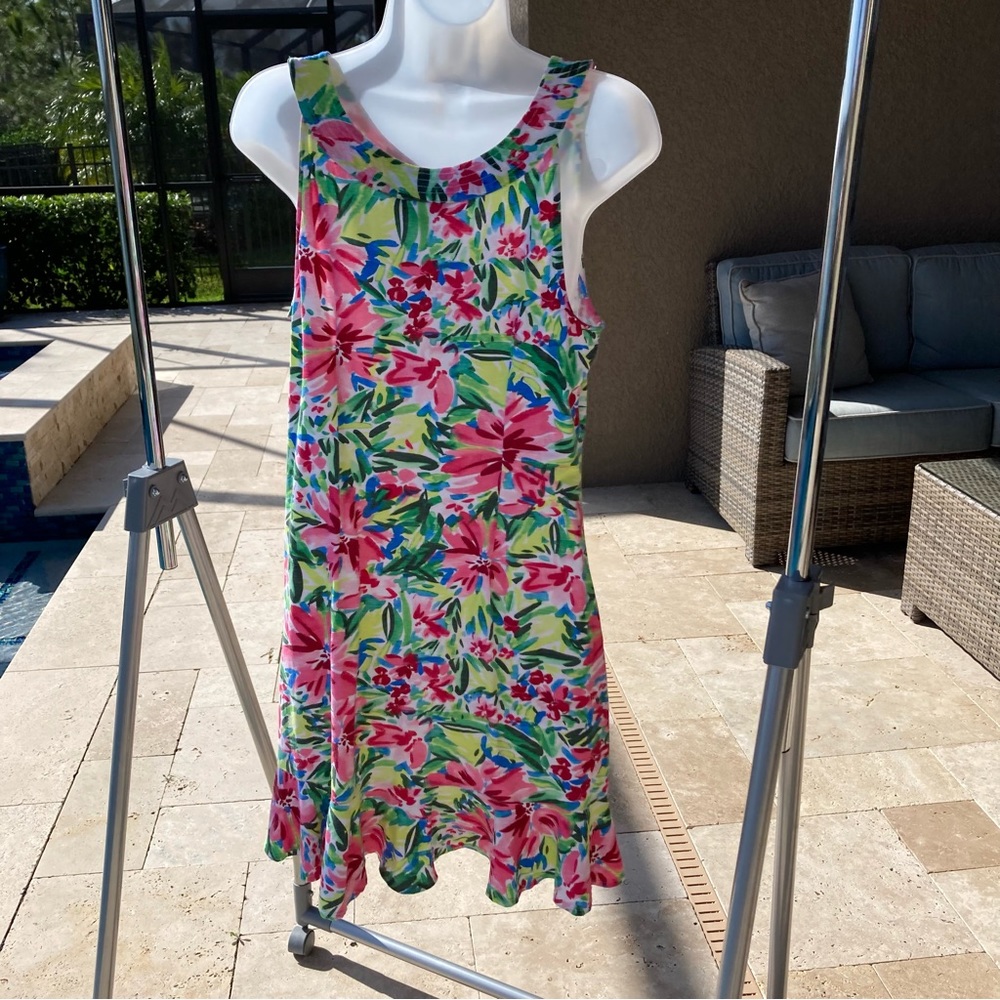 Tommy Bahama Marina Ruffle Bottom Floral Tropical Dress Green Pink Size S